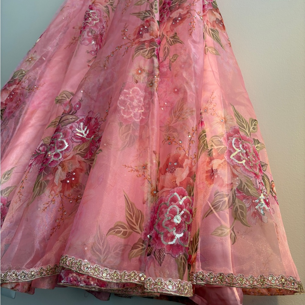 Blush Pink Floral Lehenga with Gold Embellished Blouse - Picture 9 of 16